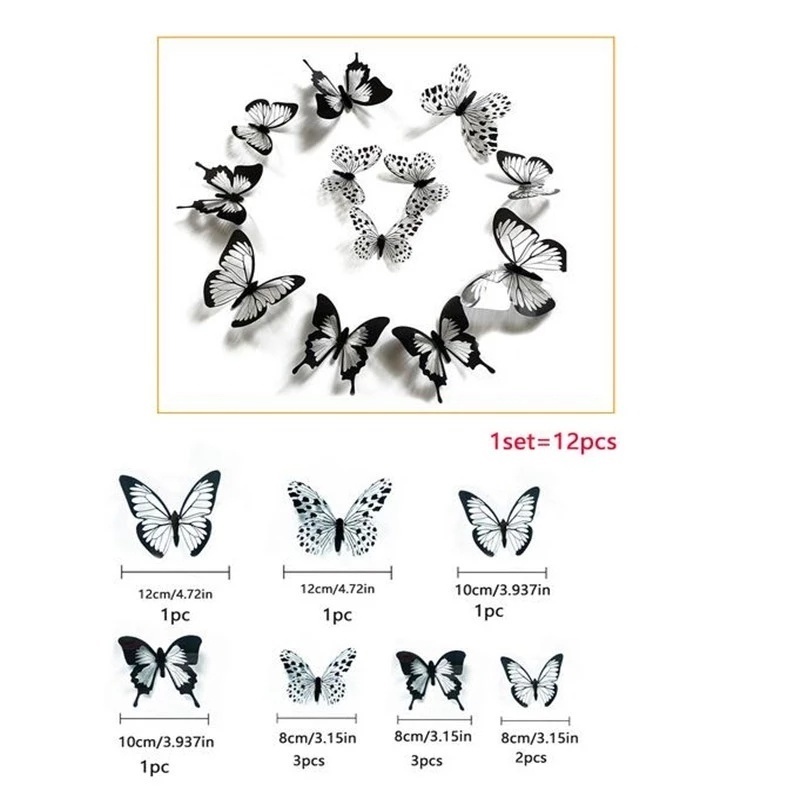 Set 12/24 Miếng Dán Tường Hình Bướm 3D Màu Trắng Đen Nhiều Kích Thước Trang Trí Nhà Cửa