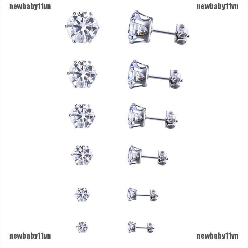 Set 6 đôi khuyên tai tròn bằng thép không gỉ đính đá zirconia cỡ 3mm-8mm thời trang