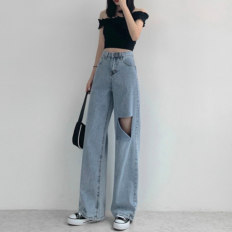 ( giá sỉ) Quần jean nữ ống rộng rách đùi màu xanh thời trang H.N.M STORE