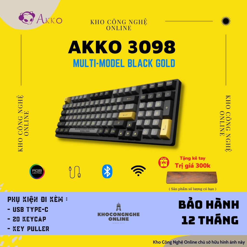 Bàn phím cơ AKKO 3098B Multi-modes Black Gold (Bluetooth 5.0 / Wireless 2.4Ghz / Hotswap / Foam đáy / Jelly switch)