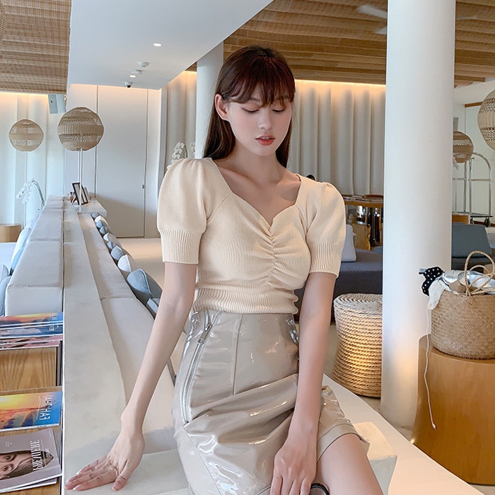 Áo vải dệt nhún ngực màu trơn thời trang cho nữ