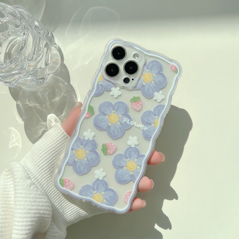 Ốp Điện Thoại Silicon Mềm Hình Hoa / Dâu Tây Màu Xanh Dương Gợn Sóng Cho Iphone X Xr 7 8 Plus 13 Pro Max 11 12 Mini XS Max