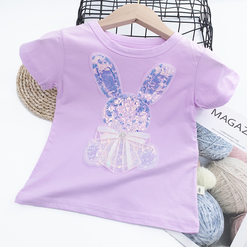 Áo Thun Tay Ngắn Chất Liệu 100% Cotton In Hoạ Tiết Thỏ Đính Kim Sa Lấp Lánh Dành Cho Bé Gái