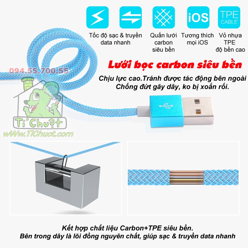 Cáp Ligh.tning HO.CO UPL09 Đầu Nhôm Dây Lưới Carbon Chống Gãy