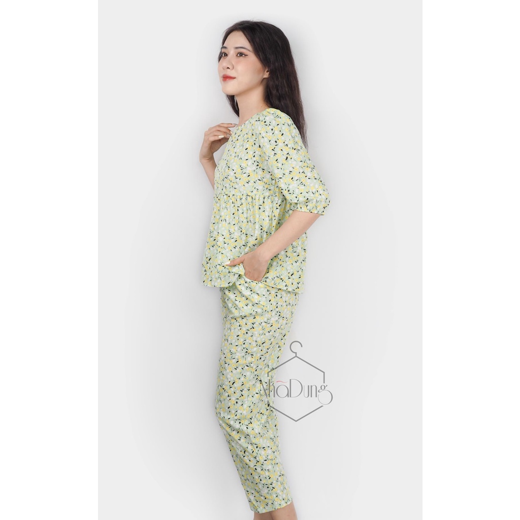 Đồ mặc nhà quần dài vải lụa cao cấp tay lỡ họa tiết hoa nhí dễ thương Nhã Dung Store siêu mát đủ size dưới 65kg