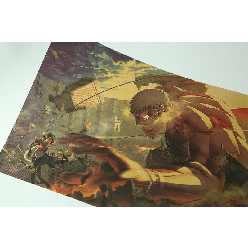 Áp phích treo tường trang trí nội thất hình attack on titan mikasa vs armored titan 50.5x35cm