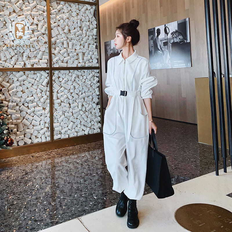 Tooling Suit Women's Fashion Spring and Autumn Korean Version Loose Temperament Thin Reflective Strip Retro Cool Hong Kong Style Harlan Jumpsuit