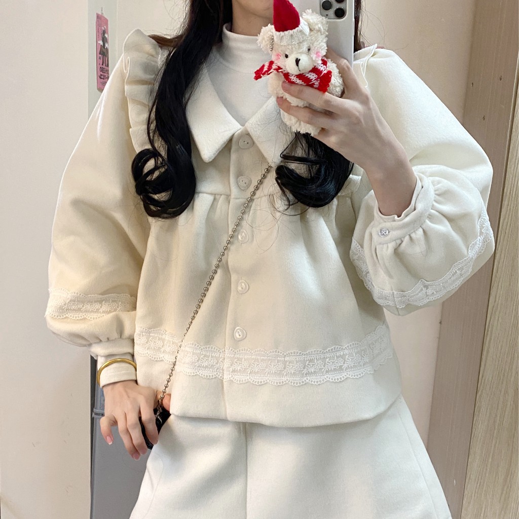 Set áo baby doll màu kem trắng sữa tay dài sơ mi cổ polo form ngắn croptop có nút cài + váy lưng cao công sở ulzzang