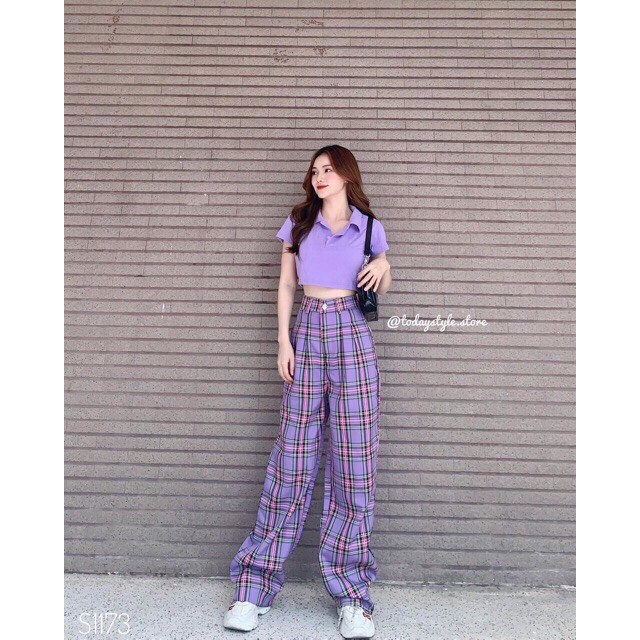 Quần kẻ caro giả cúc lưng thun cạp cao ống suông tôn dáng | BigBuy360 - bigbuy360.vn