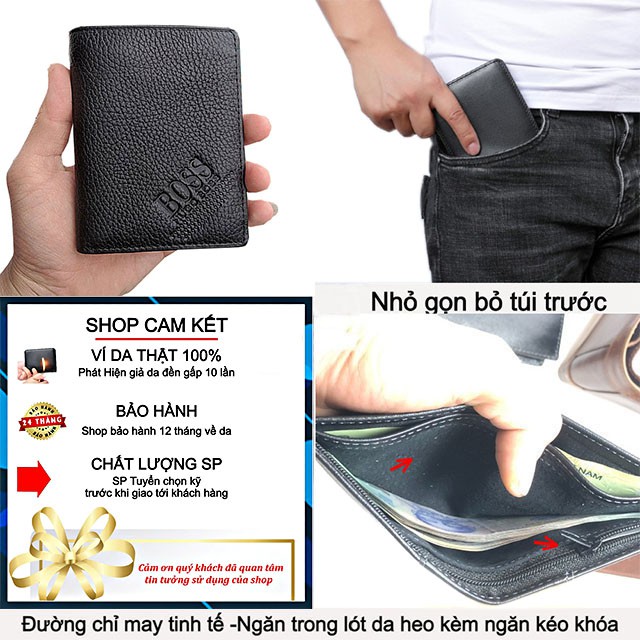 Ví nam Boss da bò thật 100% phong cách Hàn Quốc trẻ trung - cá tính ( bóp dáng đứng ).