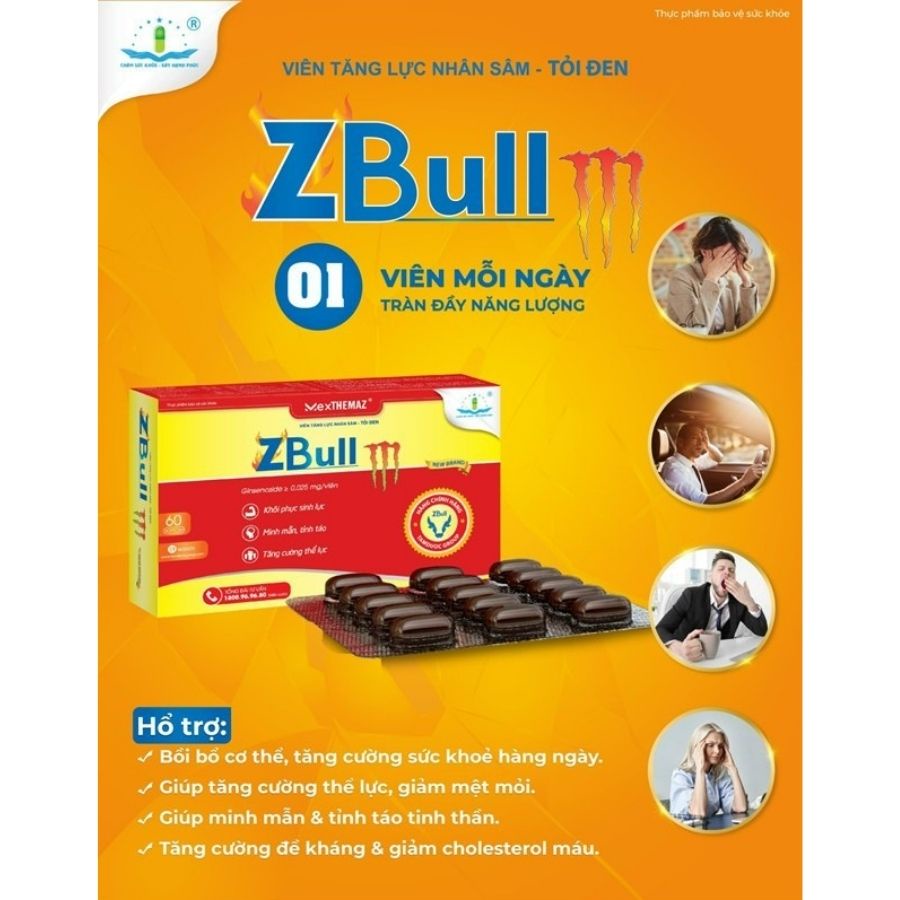 Zbull M New brand - Viên tăng lực cho người trưởng thành, giúp khỏe mạnh, tập trung, tỉnh táo, giảm stress - Hộp 60 viên