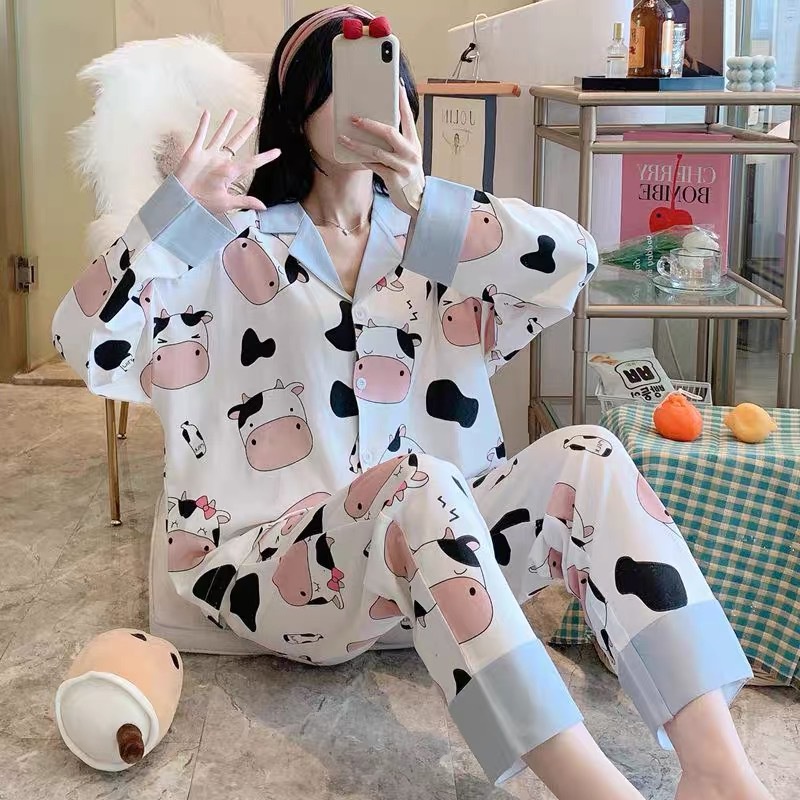 Bộ Pijama Nữ  FREESHIP Bộ Ngủ Mặc Nhà Nữ Dài Tay Thu Đông Họa Tiết Bánh Bèo Sợi Tơ Sữa Mềm Mịn