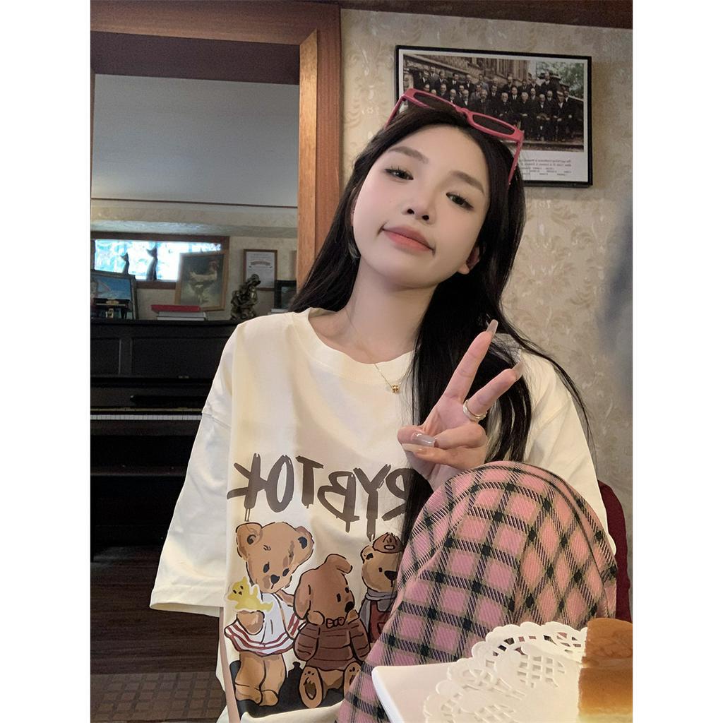 ZHELIHANGFEI Áo Thun Tay Ngắn Cổ Tròn Dáng Rộng In Họa Tiết 3 Màu Thời Trang Hàn Quốc Cho Nữ