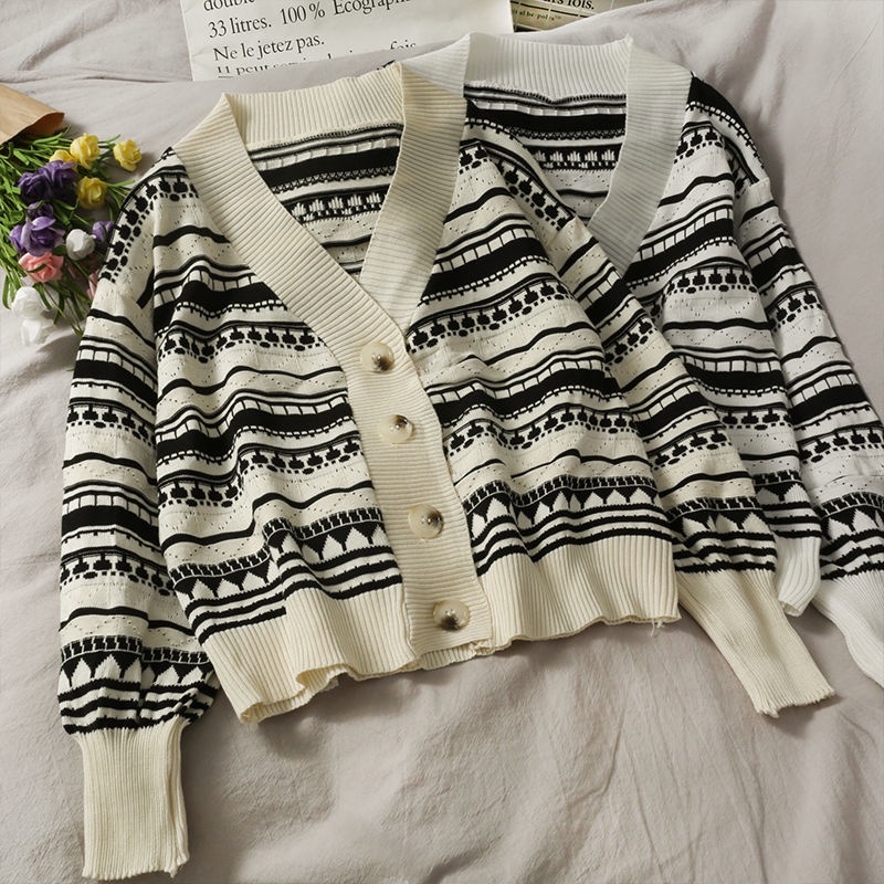 Áo Khoác Cardigan Dệt Kim Tay Dài Dáng Ngắn Họa Tiết Kẻ Sọc Thời Trang Mùa Thu Cho Nữ