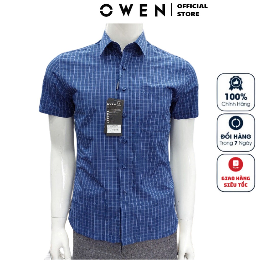 Áo Sơ Mi Nam Ngắn Tay Owen BA22674NT Cộc Tay Công Sở Cao Cấp Màu Xanh Kẻ Caro Nhỏ Vải Sợi Tre Dáng Body Fit Tà Bằng