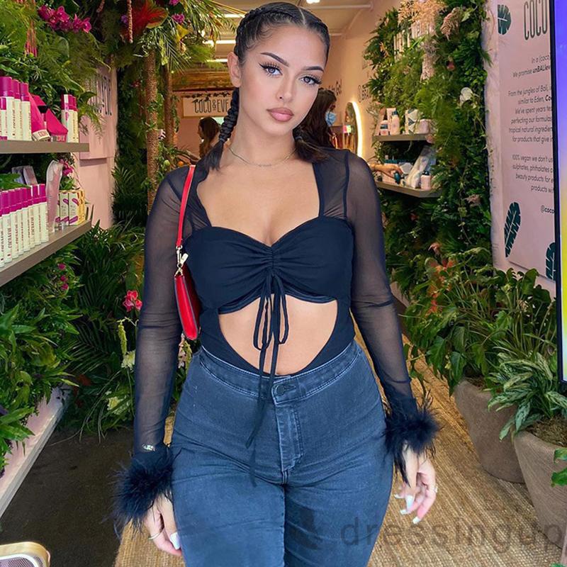 Bộ áo liền quần tay dài phối lưới thời trang cho nữ | BigBuy360 - bigbuy360.vn