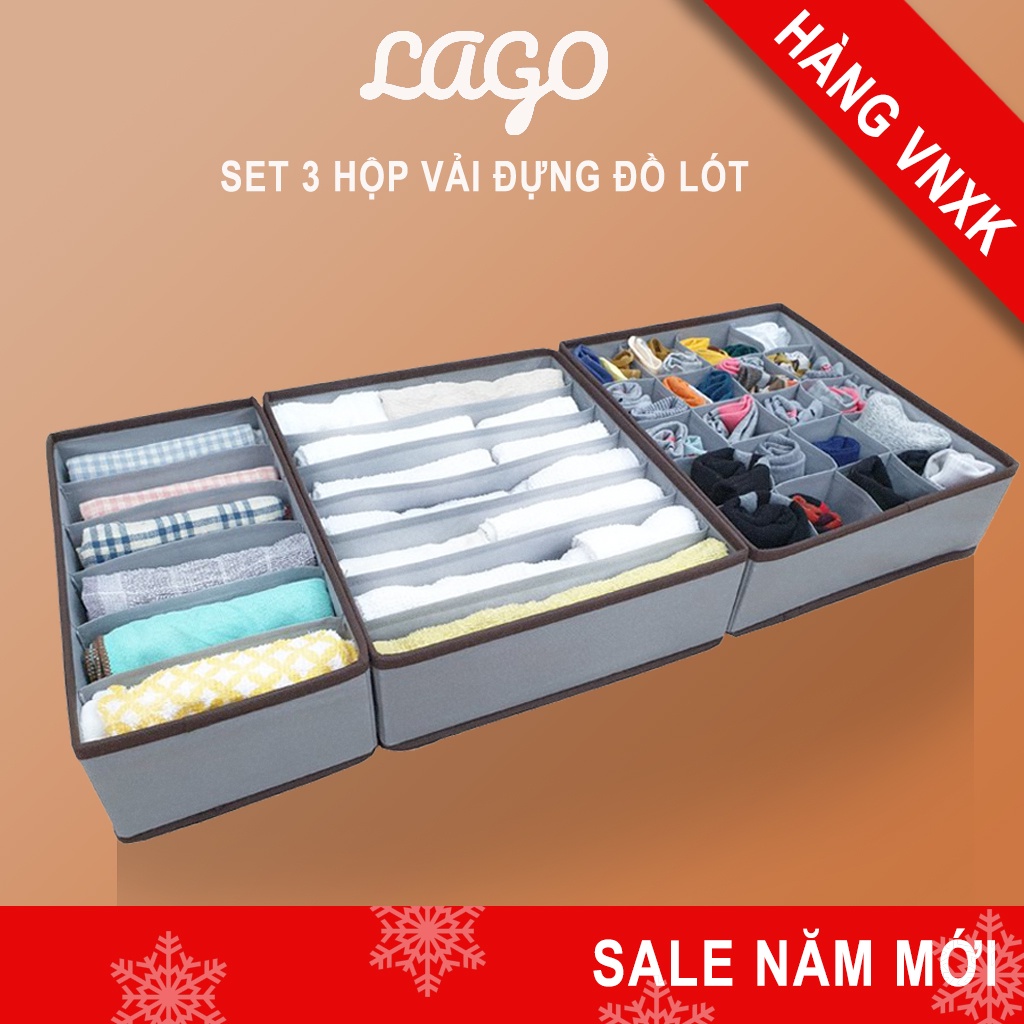 Combo 3 Hộp vải chia ngăn đựng đồ lót gấp gọn sắp xếp tủ quần áo cá nhân LAGO Giỏ khay vải đựng đồ đa năng nhiều ngăn