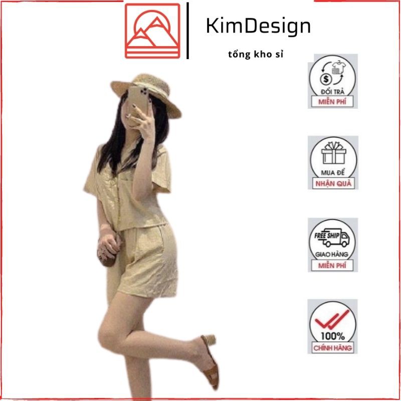 Set vest nữ cộc tay KimDesign,Sét đồ bộ cổ vest quần đùi chất đũi freesize QATE S2