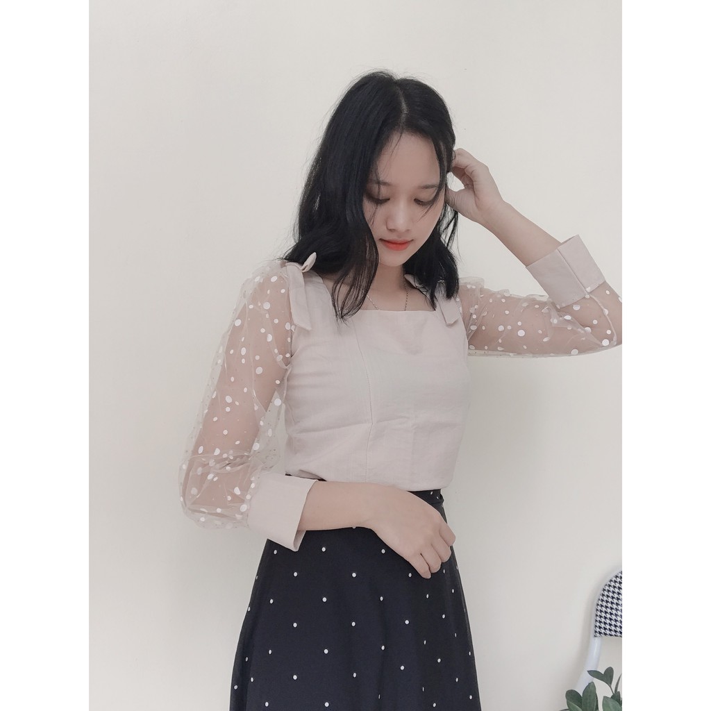 Áo kiểu cổ vuông phối tay ren chấm bi,đính nơ xinh xắn MSA3 cho bạn nữ ( ảnh thật)
