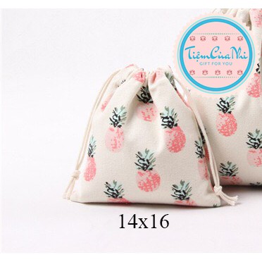 Túi vải dây rút mini cotton pha lanh đựng đồ dùng cá nhân đồ trang điểm in hình họa tiết hoa lá 14X16CM Tiệm Của Nhi