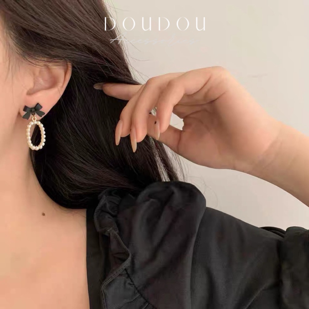 Bông tai ngọc trai nhân tạo Doudou Khuyên hoa tai nữ dài phong cách Hàn Quốc chuôi bạc 925 thanh lịch thời trang EH031