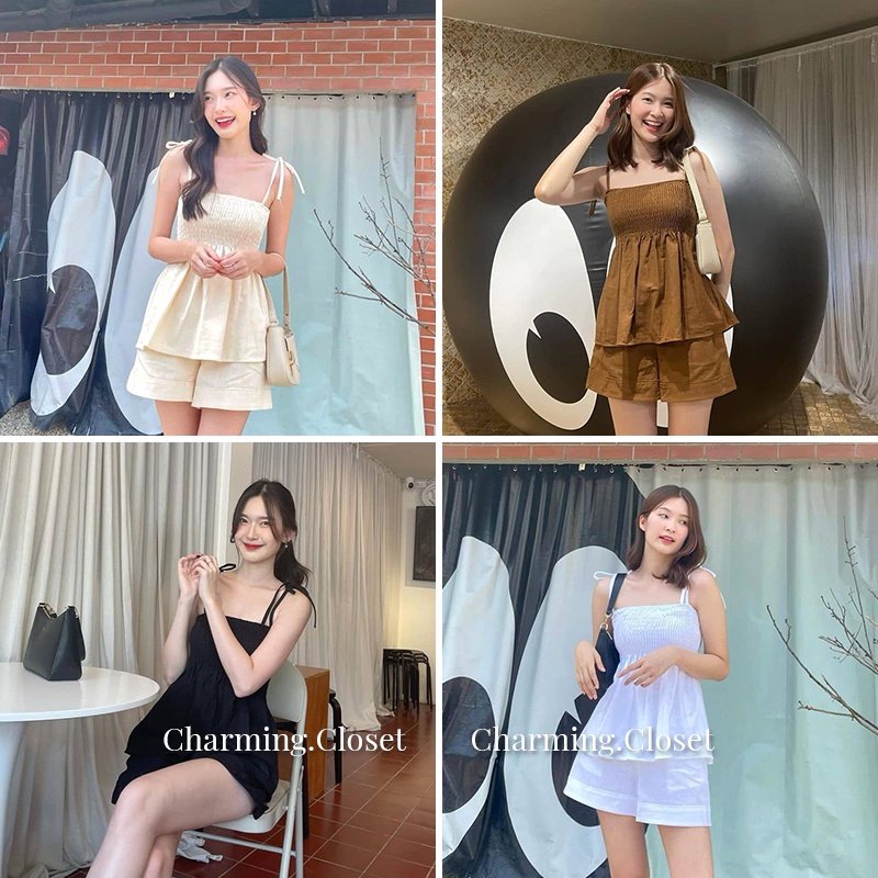 Set Áo 2 Dây Lưng Chun Quần Short Siêu Xinh, Set Yếm Nữ Điệu