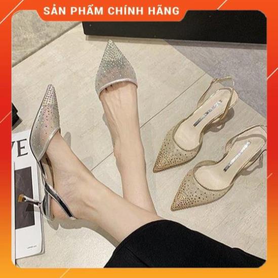 Giày cao gót bít mũi lưới đính đá hậu sau gót nhọn 6p