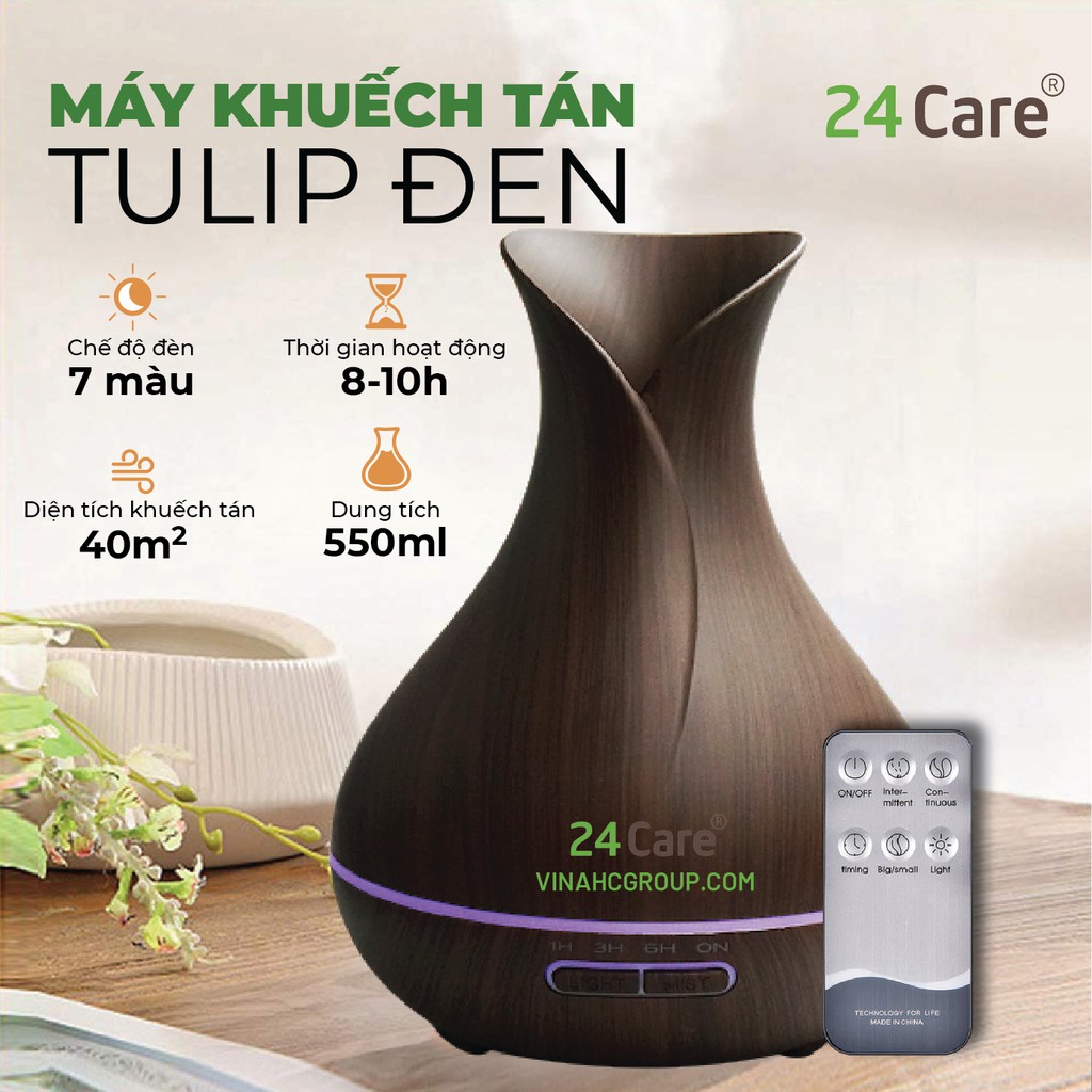 Máy khuếch tán tinh dầu 24Care hình Tulip màu đen dung tích 500ml có đèn 7 màu thay thế đèn ngủ