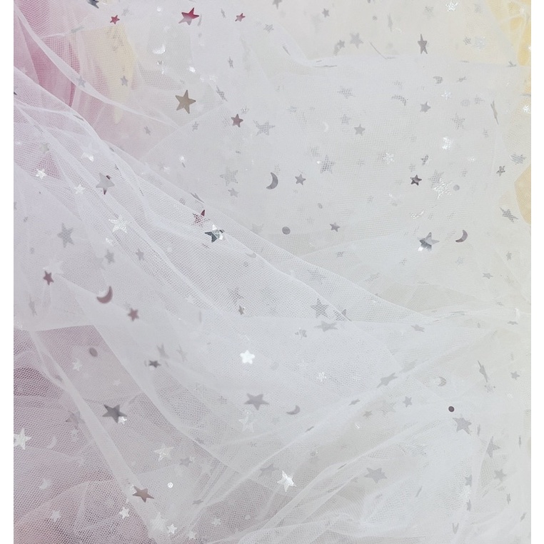 [ VẢI NAKI ] Vải Voan Lưới Ren Đính Trăng Sao Mềm May Đầm Váy,Chụp Ảnh Nail, Trang Sức,background