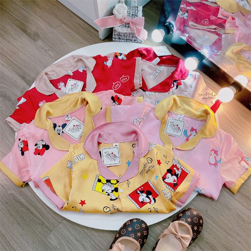 [20KG-42KG] Bộ Mặc Nhà Pijama Lụa Phối Nơ Cao Cấp Tay Cộc Cho Bé Gái - Chất Liệu Lụa mềm Mịn Thoáng Mát