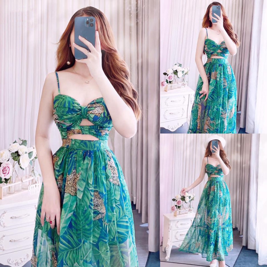 Váy đi biển maxi 2 dây xoắn ngực xẻ tà V1915 - Đầm đẹp dự tiệc DVC Fashion kèm ảnh thật