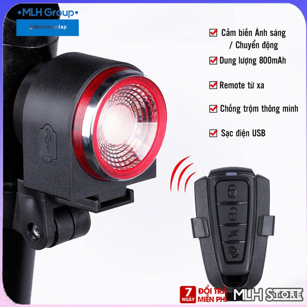 Đèn Hậu Xe Đạp Có Báo Động Chống Trộm Cảm Biến Thông Minh Điều Khiển Không Dây Từ Xa Cao Cấp Sạc Điện Usb Chống Nước MLH