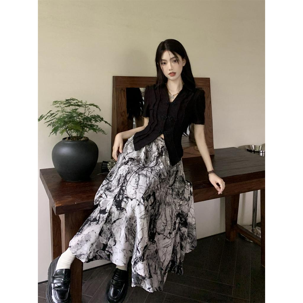 Đầm Sơ Mi Cổ Mép Lật Eo Cao Ngắn Tay Phong Cách Retro 63360