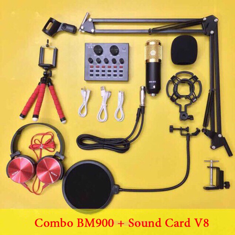 [Mã ELHACE giảm 4% đơn 300K] COMBO Mic Livestream BM900 và Sound Card V8 Chân Màng Tai Nghe sonyyy gậy 3 chân