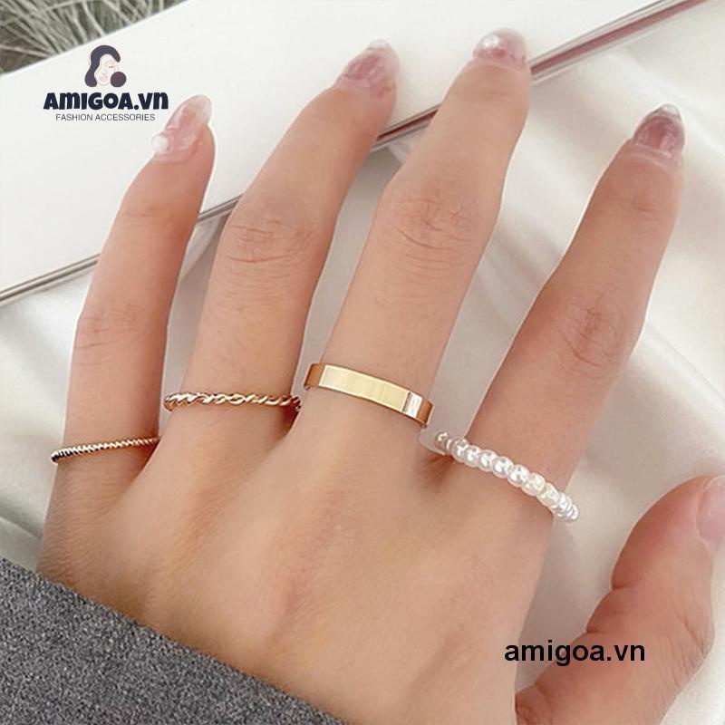 ✨✨Set 4 chiếc nhẫn bằng kim loại đính ngọc trai thiết kế hình học đơn giản thời trang Hàn Quốc