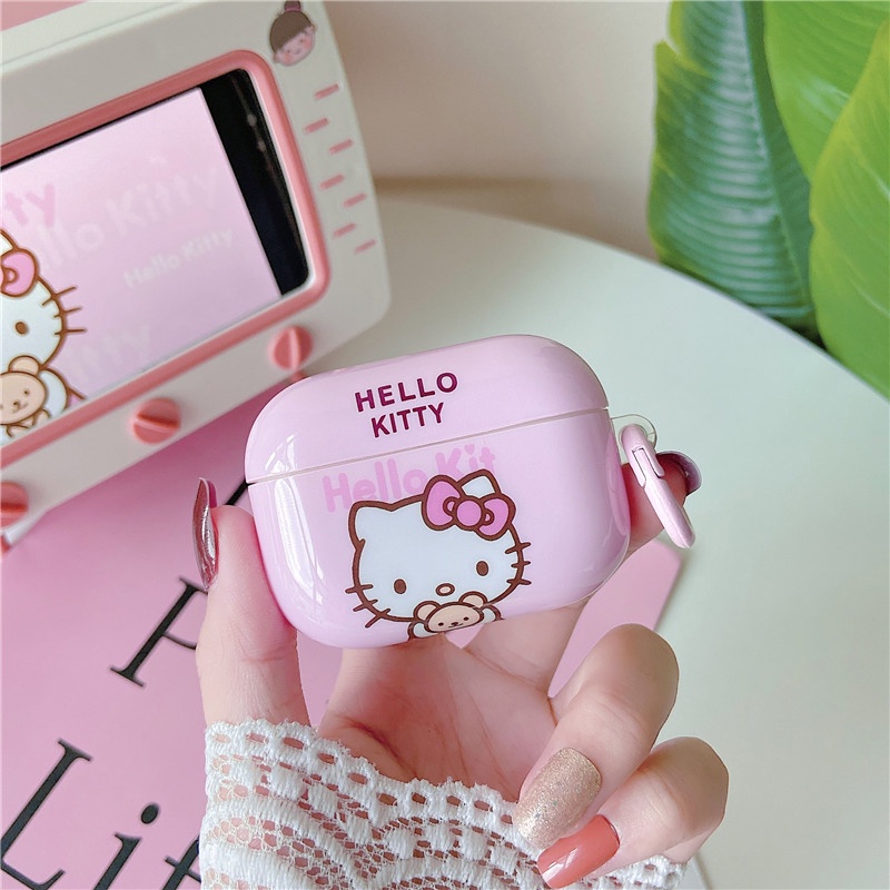 Vỏ bảo vệ hộp sạc tai nghe bằng TPU mềm hình Hello Kitty kèm móc màu hồng IMD thích hợp cho AirPods Pro Airpods 1/2/3