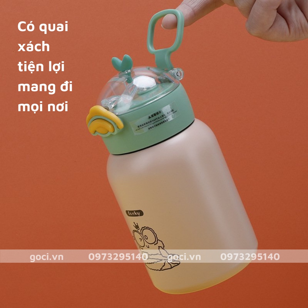 Bình đựng nước giữ nhiệt có ống hút mát mùa hè chất liệu inox an toàn cho trẻ em cute 420ml nóng lạnh hình vịt dễ thương