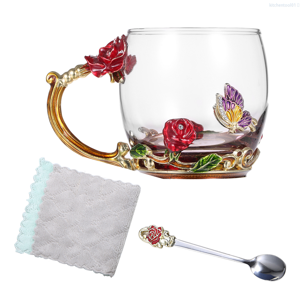 Water Mug Glass Flower Coffee Cup Decoration Gift Milk Tea Cup with Spoon, Red Rose, 320ml kitchentool01