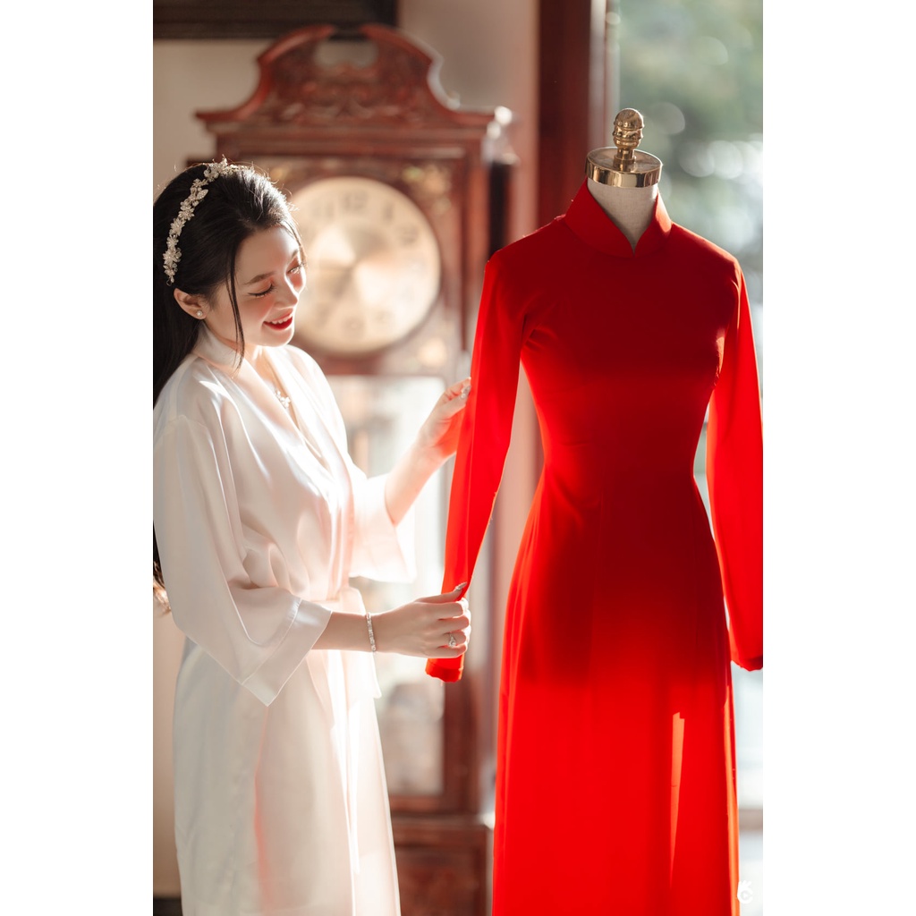 Áo dài cô dâu màu đỏ [Cam House] chất liệu lụa mỹ 2 tà