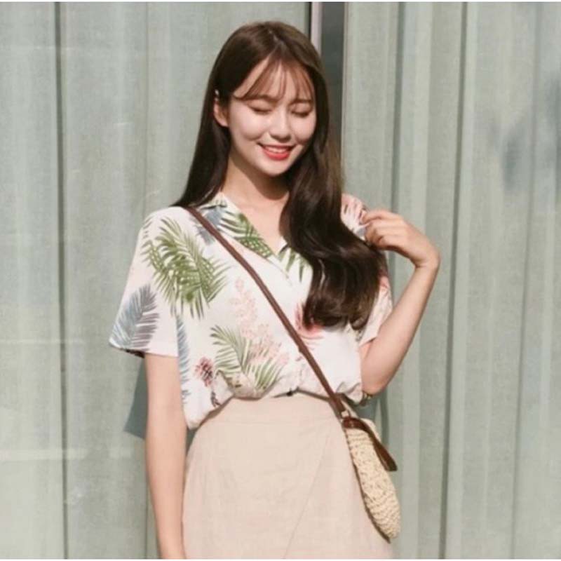 Áo Sơ Mi Chiffon Ngắn Tay Họa Tiết Lá Cây Phong Cách Boho Cho Nữ