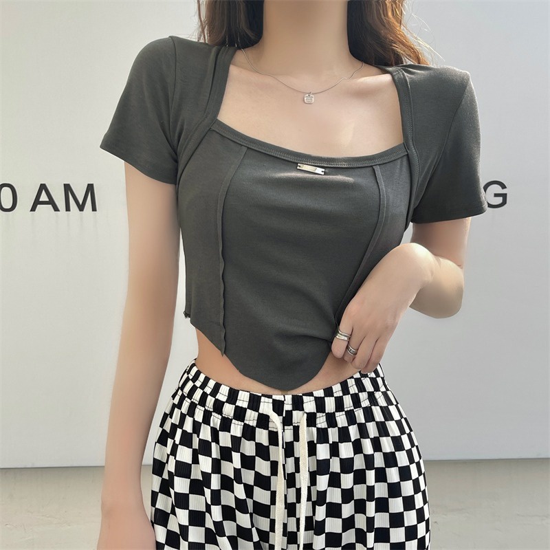 Hàng Mới Về Áo Thun Ngắn Tay Cổ Thấp Màu Trơn Thời Trang Mùa Hè Quyến Rũ Cho Nữ