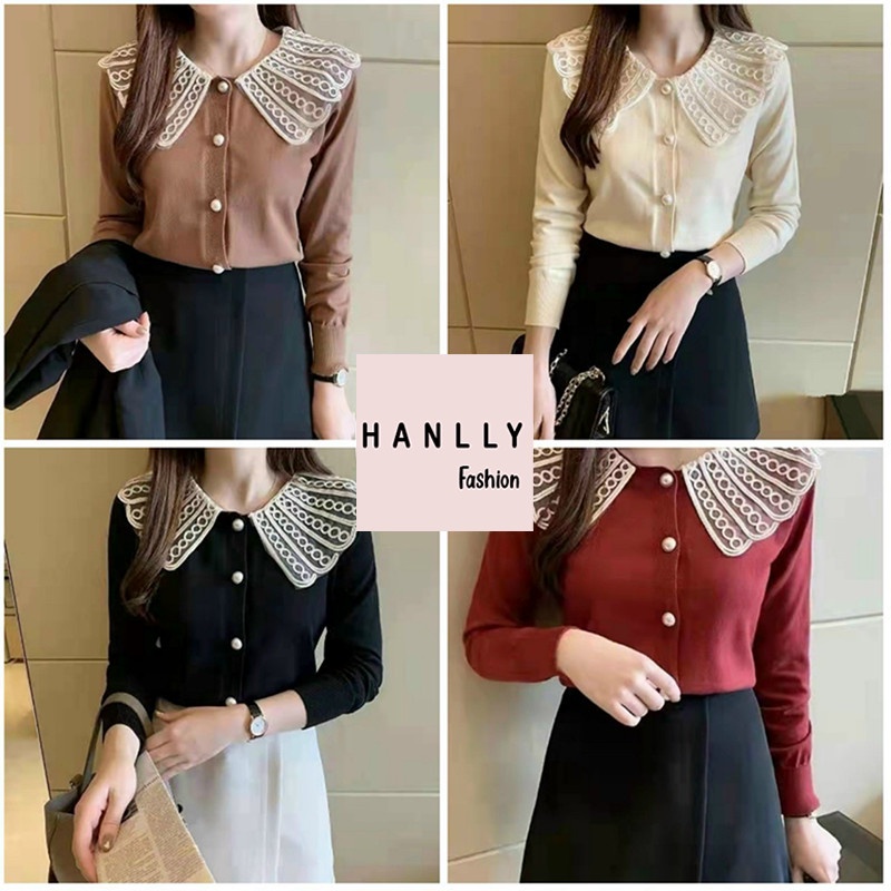 Áo Len Kiểu Nữ Cổ Tròn Ren Dài Tay Phong Cách Hàn Quốc - 4 mầu Trắng Đỏ Be Đen - Hanlly Fashion - AL3