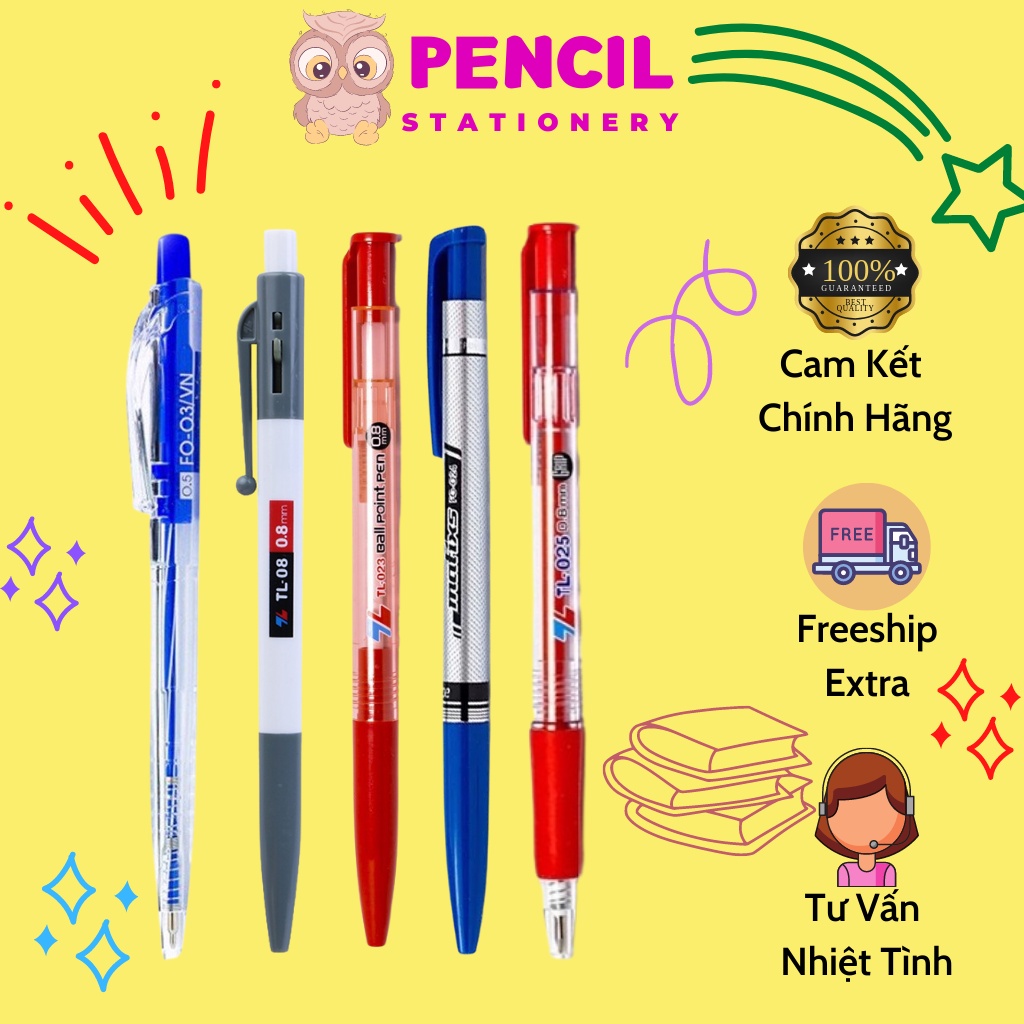 Combo 10 Bút Bi Thiên Long FO-03, TL-08/023/024/025 Ngòi 0.5mm 0.7mm 0.8mm, Bút Gel Mực Nước Văn Phòng Phẩm Xanh Đen Đỏ
