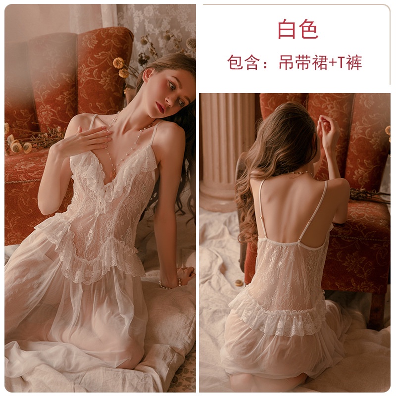 Đầm ngủ sexy quyến rũ xuyên thấu gợi cảm đầm ngủ 2 dây hở lưng có thể đặt kèm áo choàng cao cấp sang trọng E1212