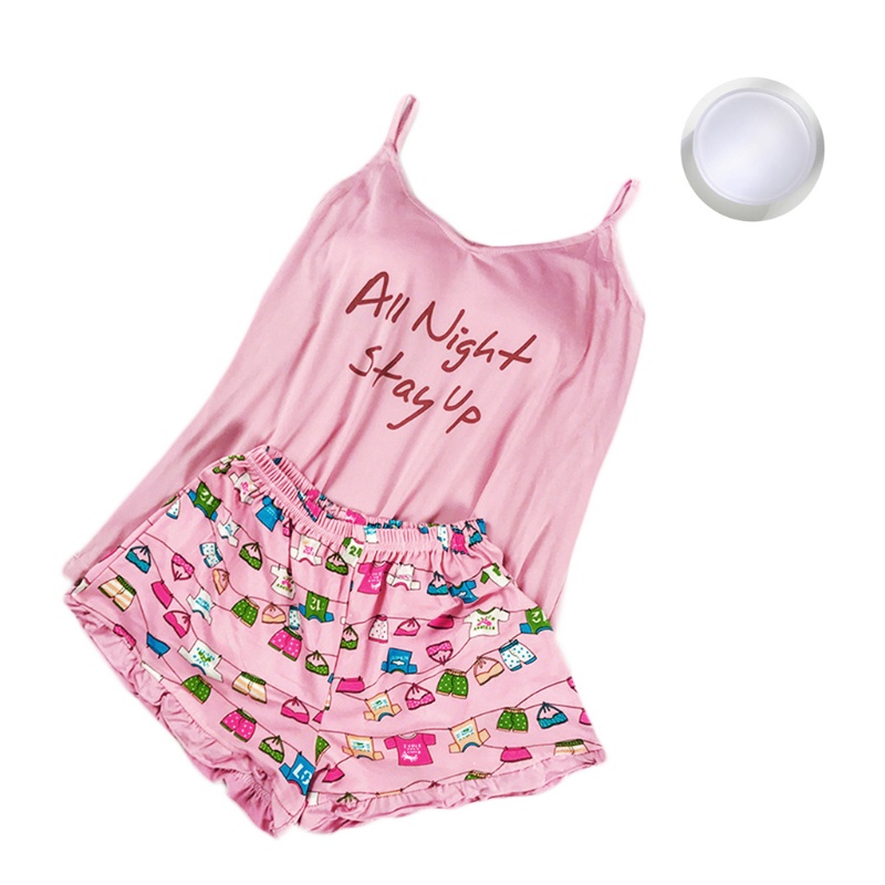 Bộ đồ ngủ hai dây in họa tiết hoạt hình phối bèo có mút đệm thời trang mùa hè cho nữ | BigBuy360 - bigbuy360.vn