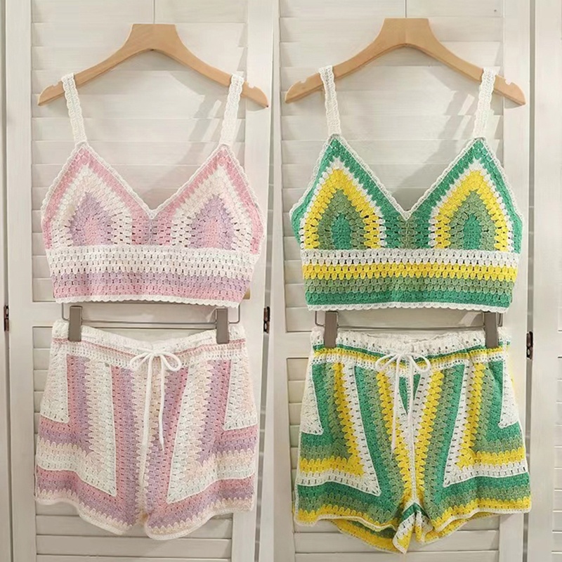 Set Áo Croptop 2 Dây + Quần Sọt Dệt Kim 10MK