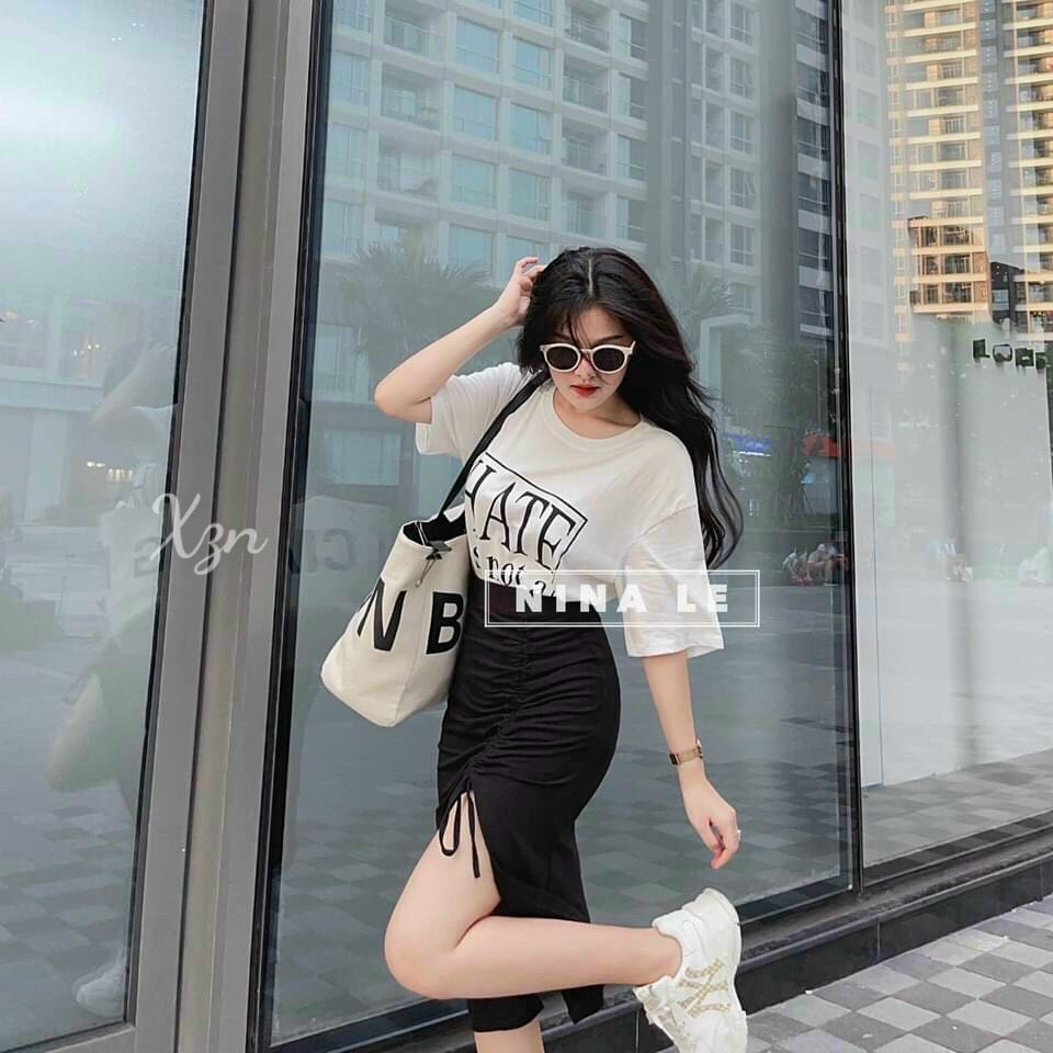 Set chân váy xẻ tà áo rút dây áo in chữ dễ thương cho nàng dự tiệc dạo phố Zashopp