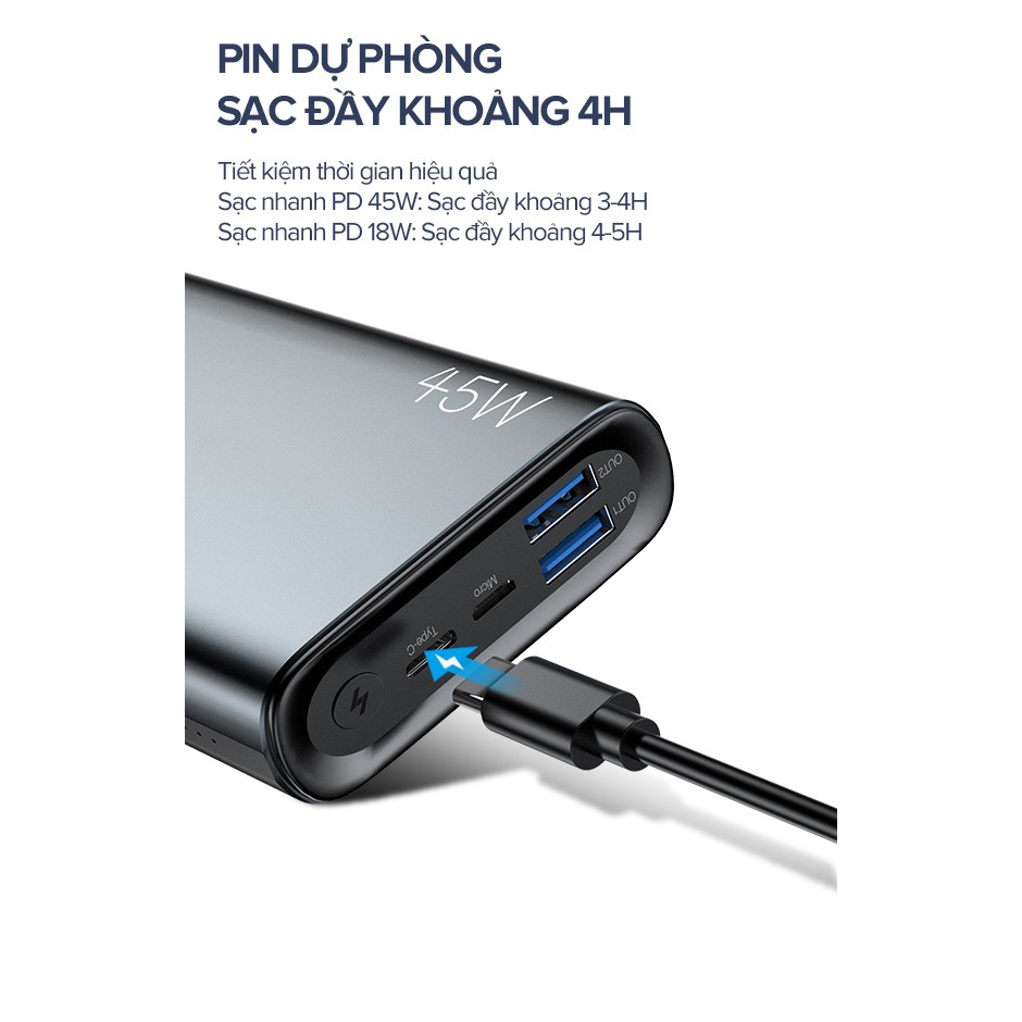 Pin Sạc Dự Phòng 20000mAh VIVAN VPB-L20 45W 2 Cổng Sạc Nhanh Chuẩn PD/QC 3.0 2 Input 3 Output