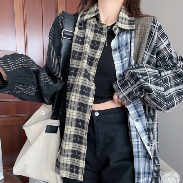 Áo Sơ Mi Tay Dài Dáng Rộng Họa Tiết Kẻ Sọc Theo Phong Cách Retro Mỹ Dễ Phối