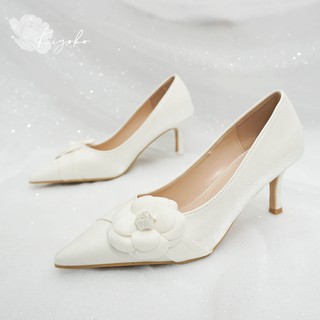 Giày cưới satin trắng đính hoa cao cấp 7cm